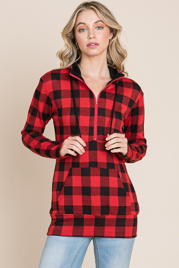 Buffalo Plaid Quarter Zip Hoodie with Thumbholes Charmed Clothing Company