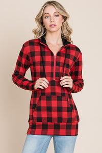 Buffalo Plaid Quarter Zip Hoodie with Thumbholes