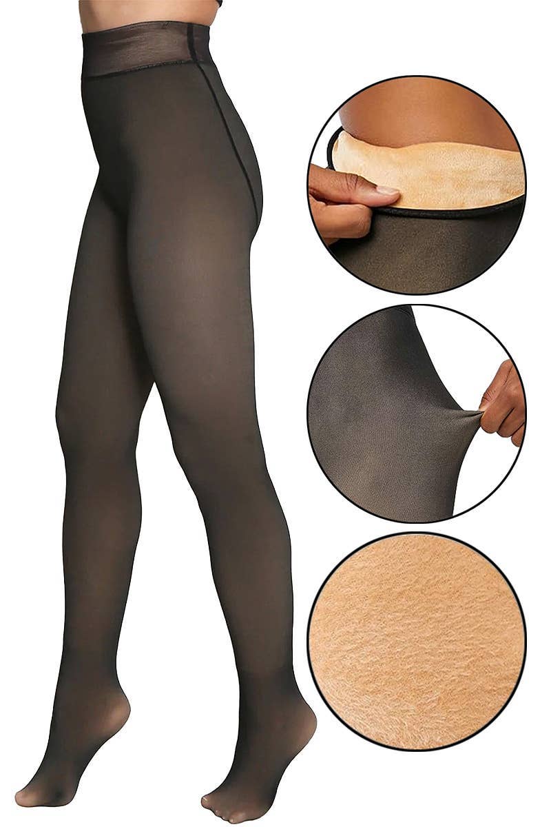 Faux Sheer Fleece Lined Tights – Black