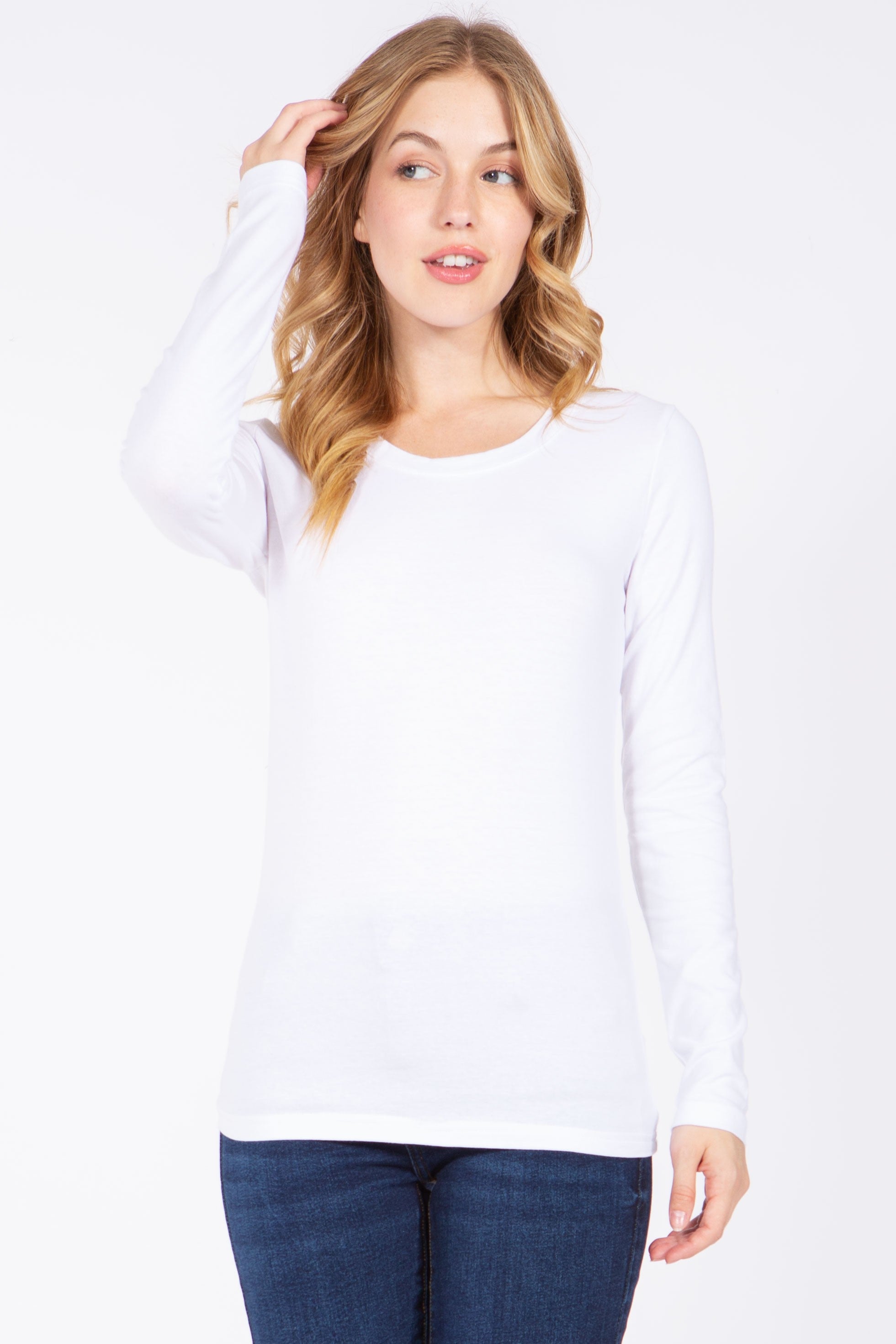 Round Neck Long Sleeve Basic White