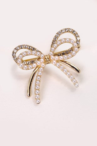 Pearl &amp; Rhinestone Double Bow Brooch