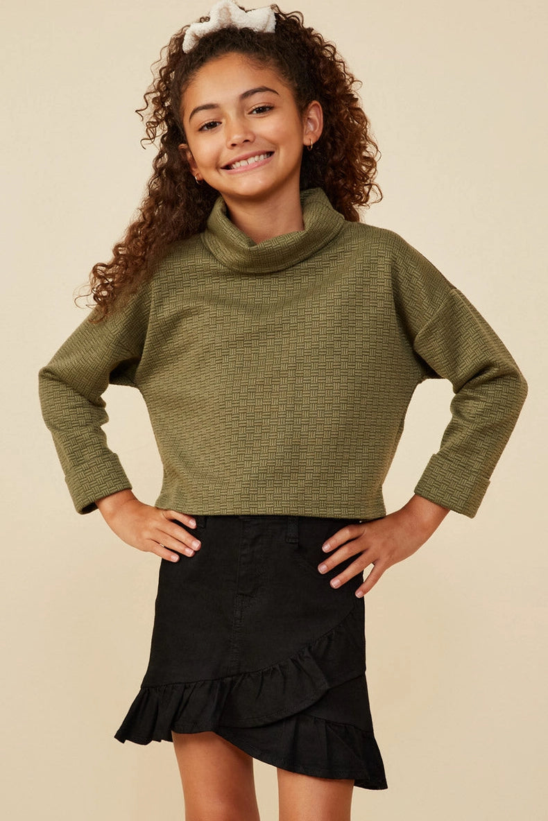 Girl's Olive Textured Turtleneck