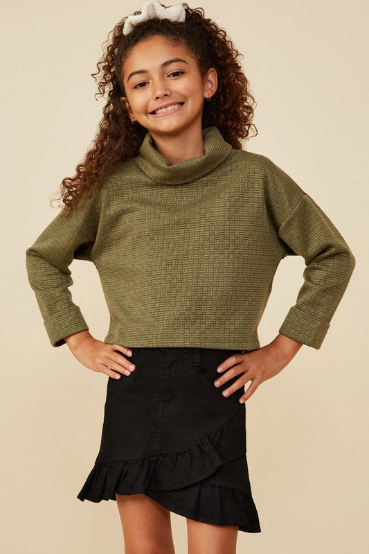 Girl's Olive Textured Turtleneck