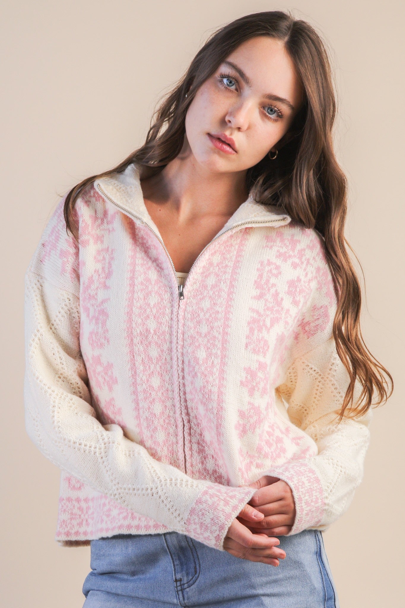 Rosé Ripple Zip Cardigan