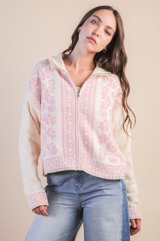 Rosé Ripple Zip Cardigan