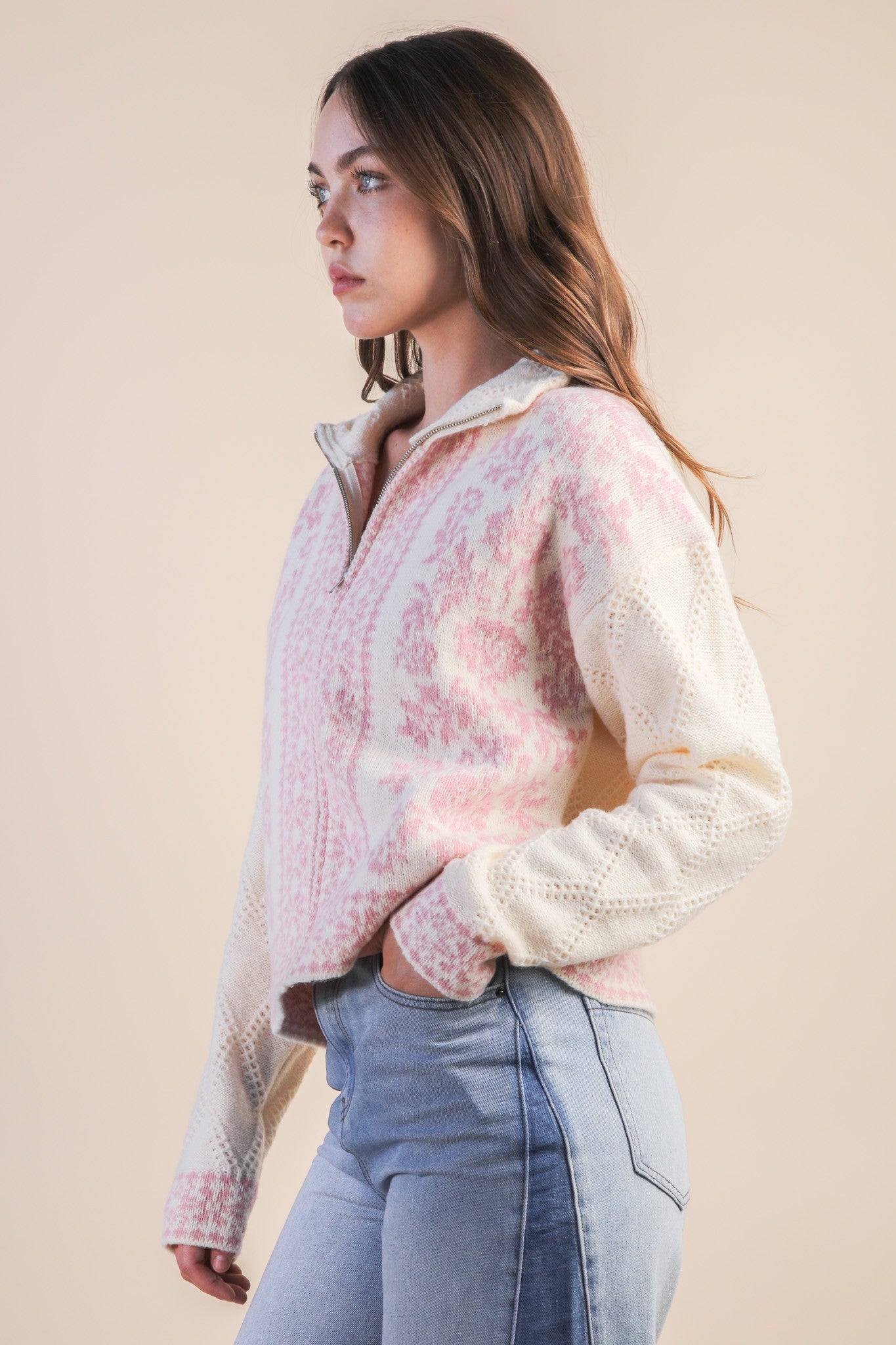 Rosé Ripple Zip Cardigan