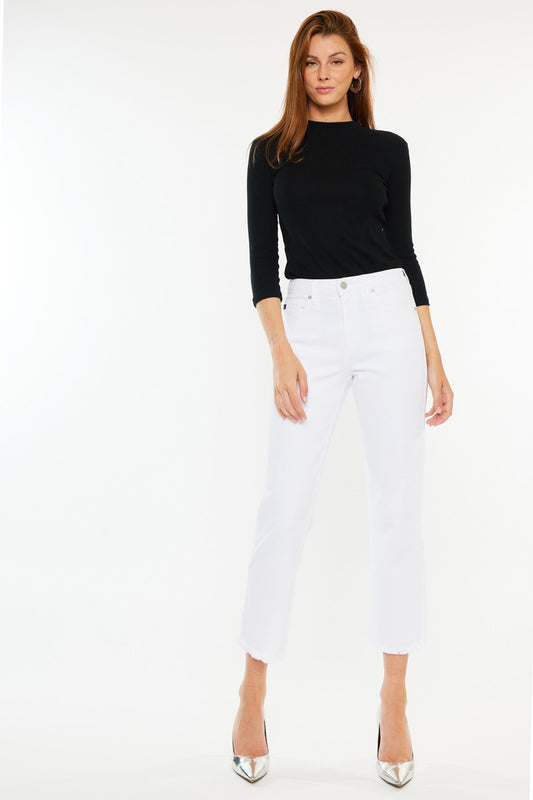 KanCan High Rise Straight Cropped White Jeans
