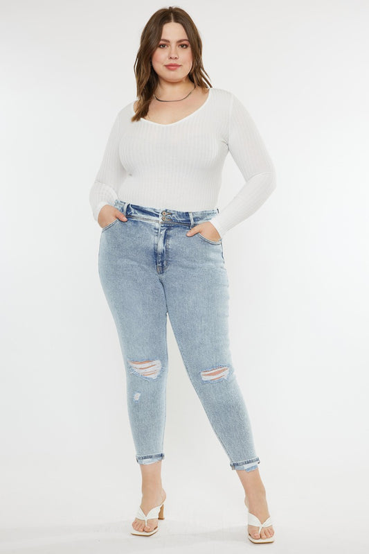 High Rise Folded Ankle Skinny Light Wash KanCan