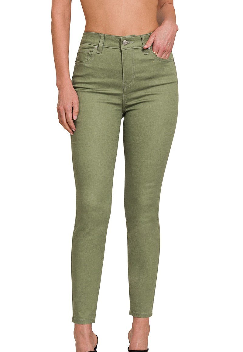 High-Rise Colored Skinnies - Light Olive