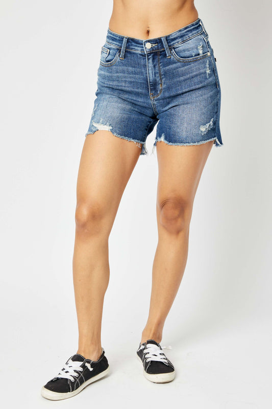 Judy Blue Mid-Rise Hi-Lo Cut Hem &amp; Destroy Plus Size Shorts