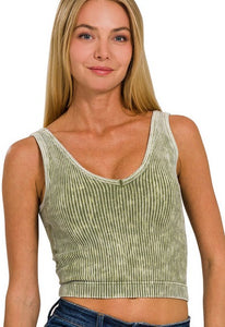 World On Fire Vintage Washed Tank in Ash Olive