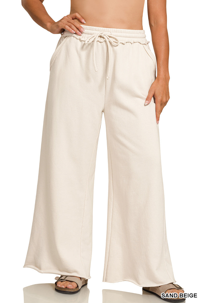Fleece Exposed Seam Extra Wide Leg Sweatpants Sand Beige