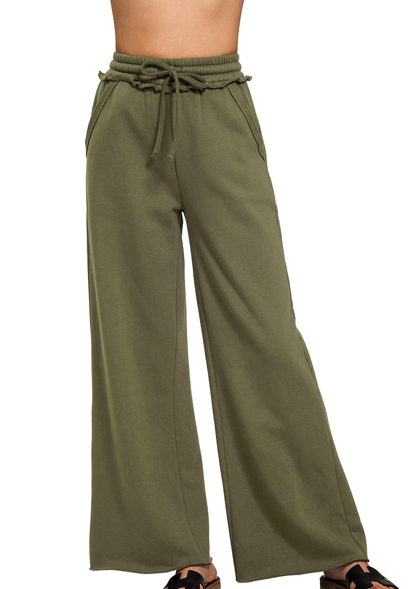 Fleece Exposed Seam Extra Wide Leg Sweatpants Army Green