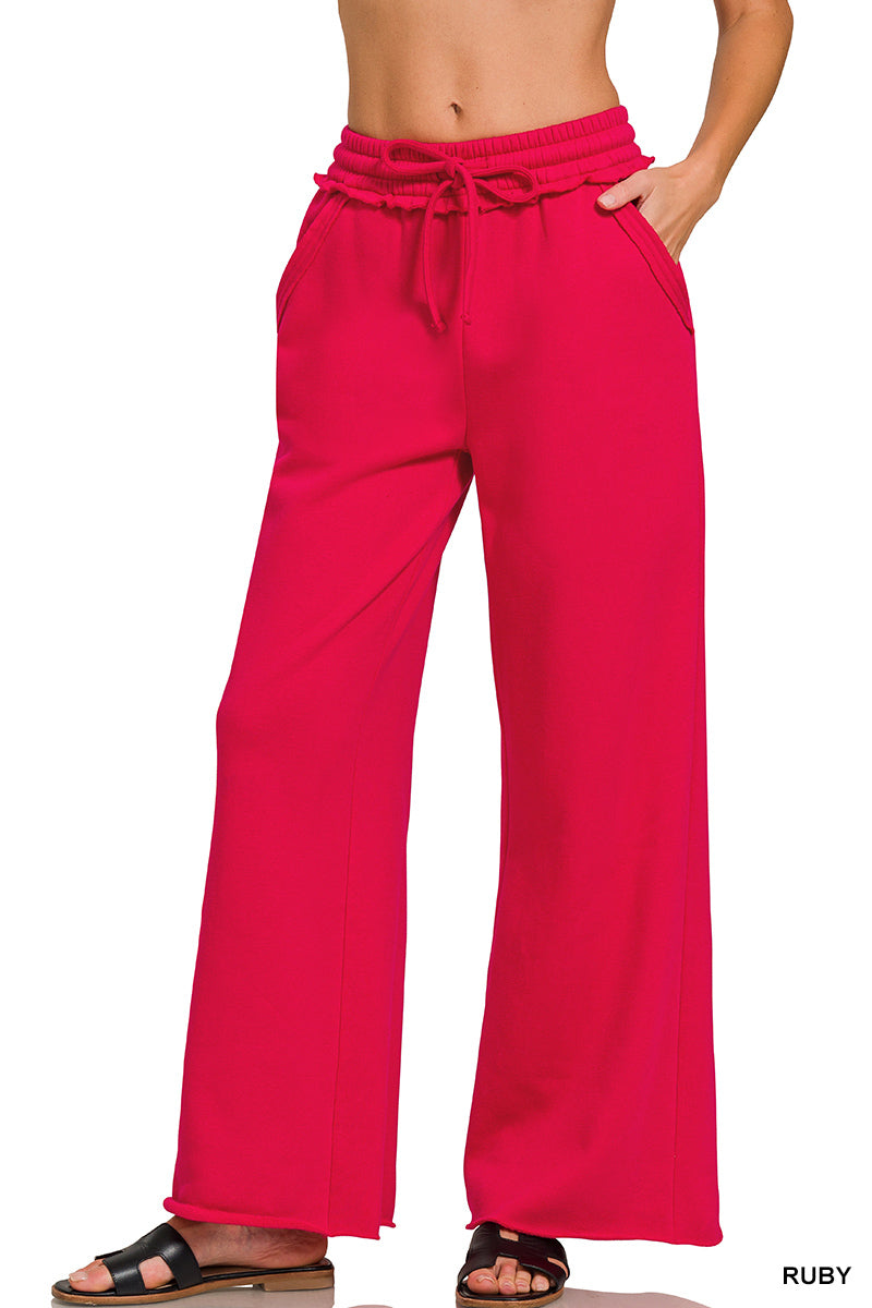 Fleece Exposed Seam Extra Wide Leg Sweatpants Ruby