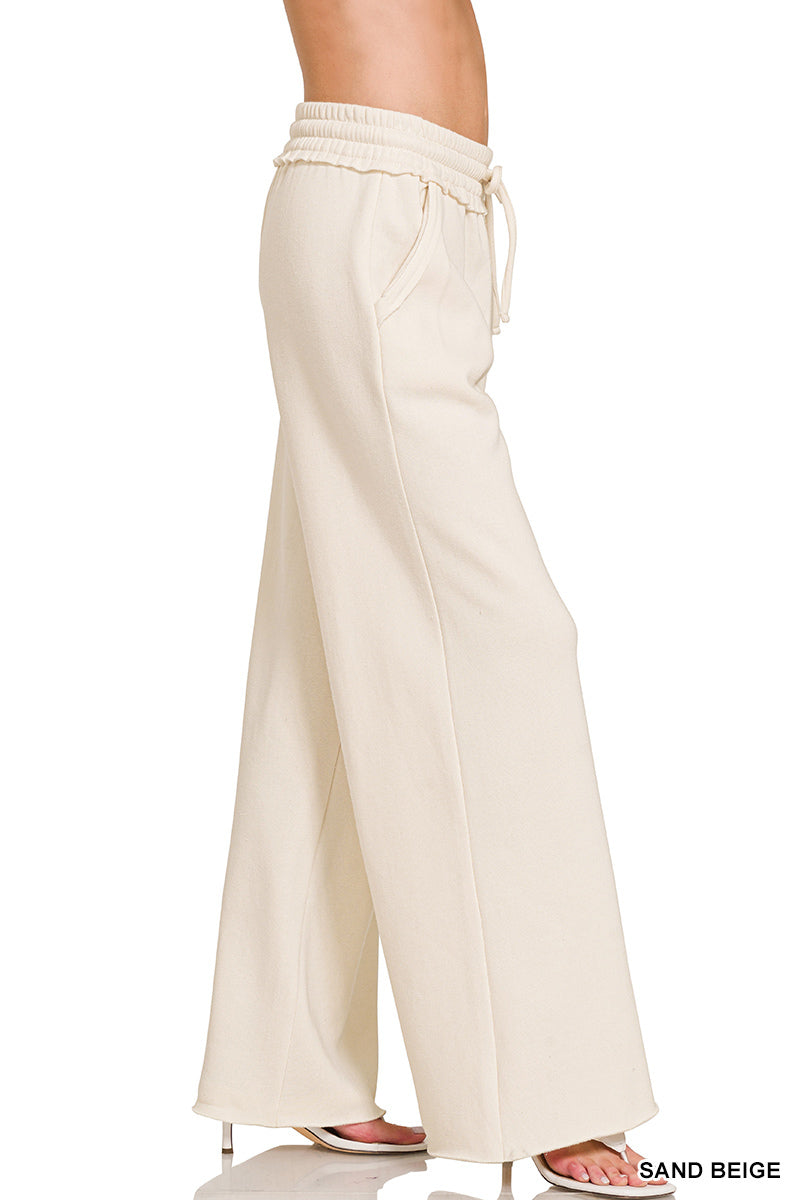Fleece Exposed Seam Extra Wide Leg Sweatpants Sand Beige