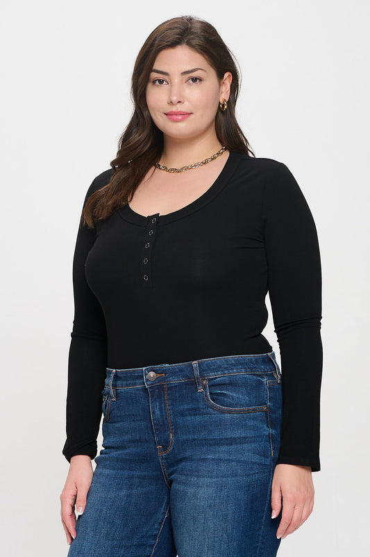 Scoop Neck Henley - Black (Curvy)