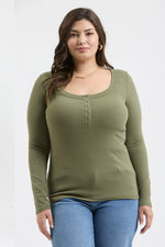 Load image into Gallery viewer, Scoop Neck Henley - Olive (Curvy)
