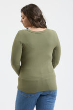 Load image into Gallery viewer, Scoop Neck Henley - Olive (Curvy)
