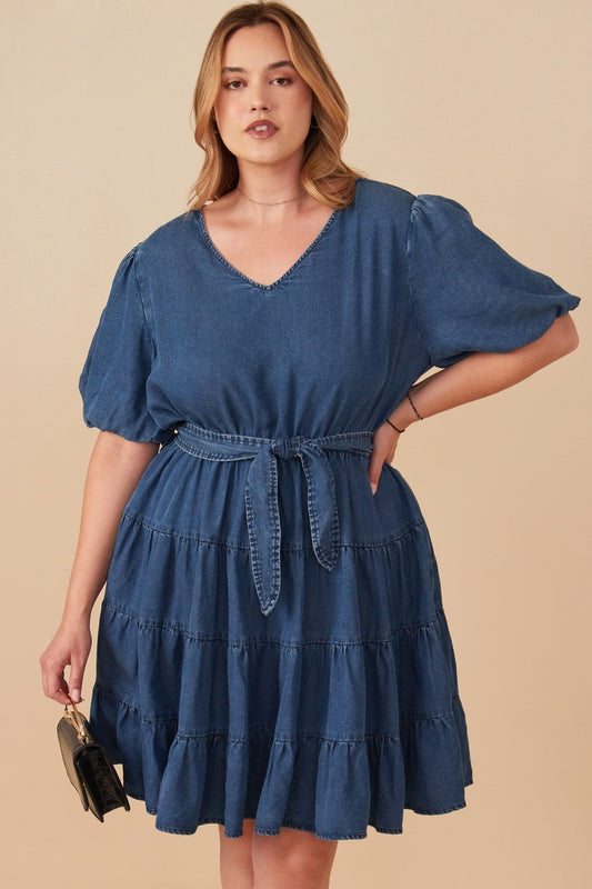 Carrying Your Love With Me Denim Washed Belted V-Neck Dress