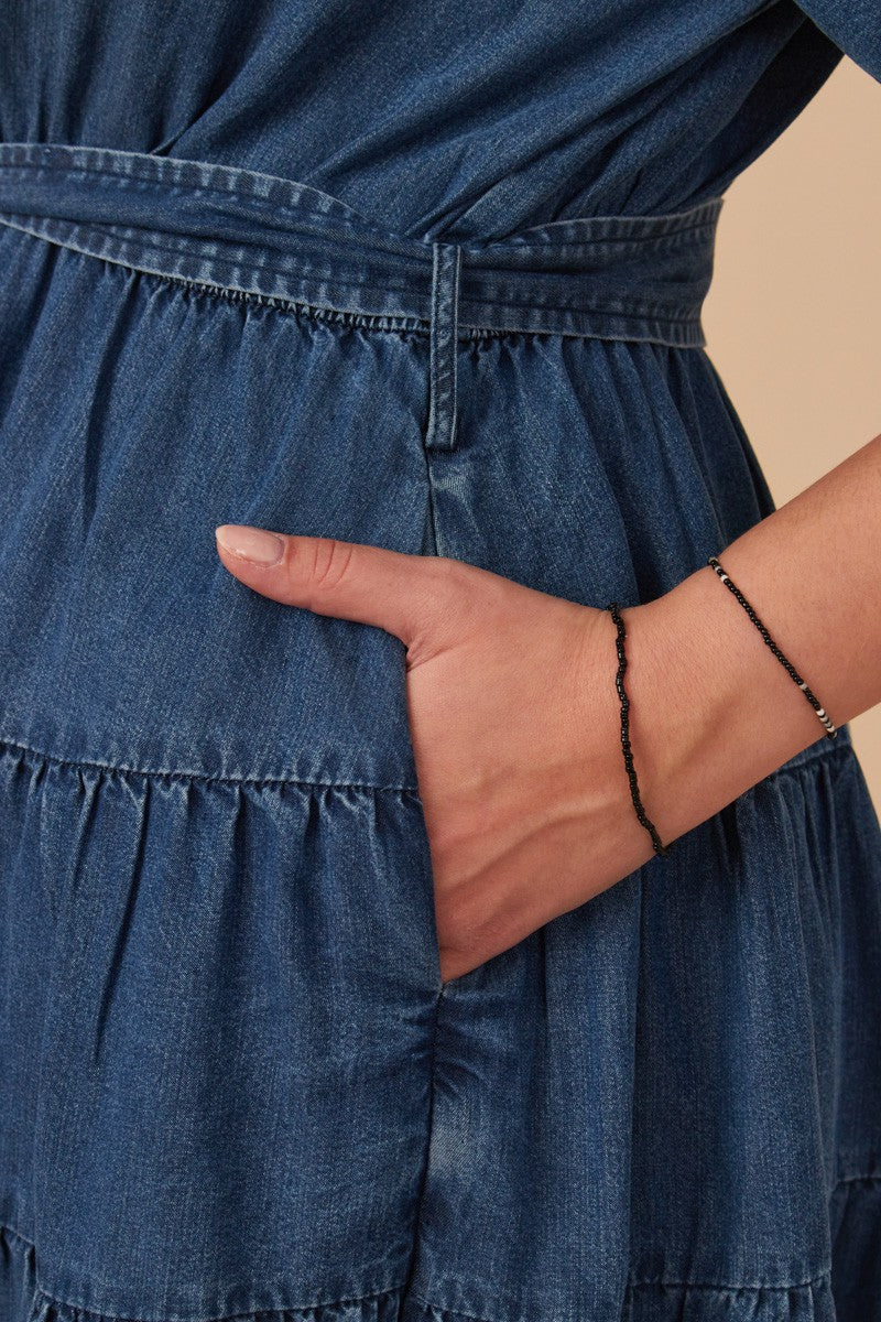 Carrying Your Love With Me Denim Washed Belted V-Neck Dress