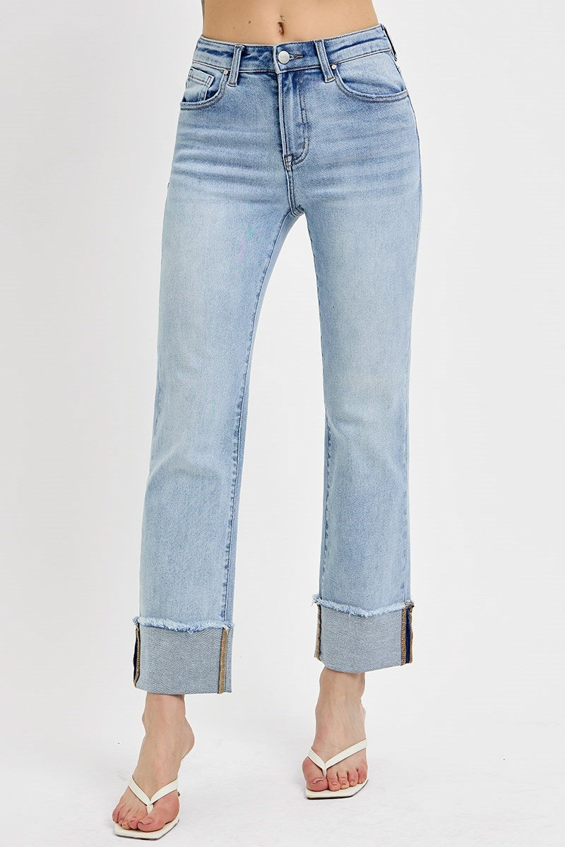 Risen High Rise Straight Cuffed Jeans