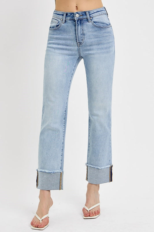 Risen High Rise Straight Cuffed Jeans