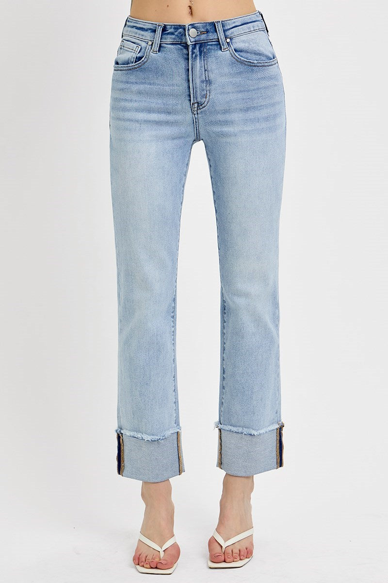 Risen High Rise Straight Cuffed Jeans