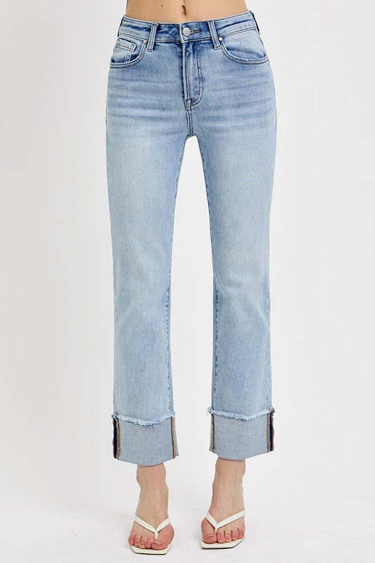 Risen High Rise Straight Cuffed Jeans