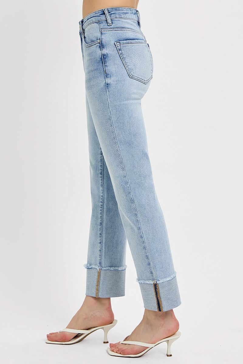 Risen High Rise Straight Cuffed Jeans