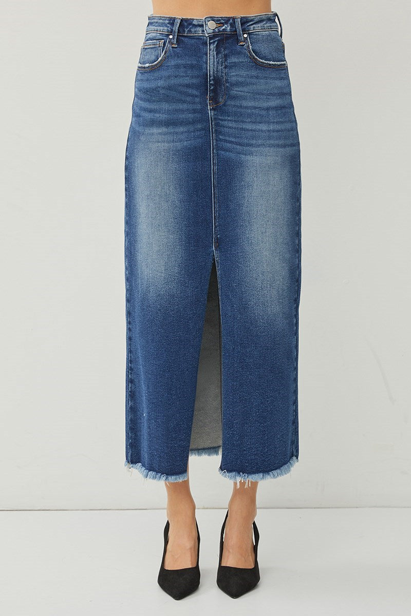 Risen High Rise Denim Maxi Skirt