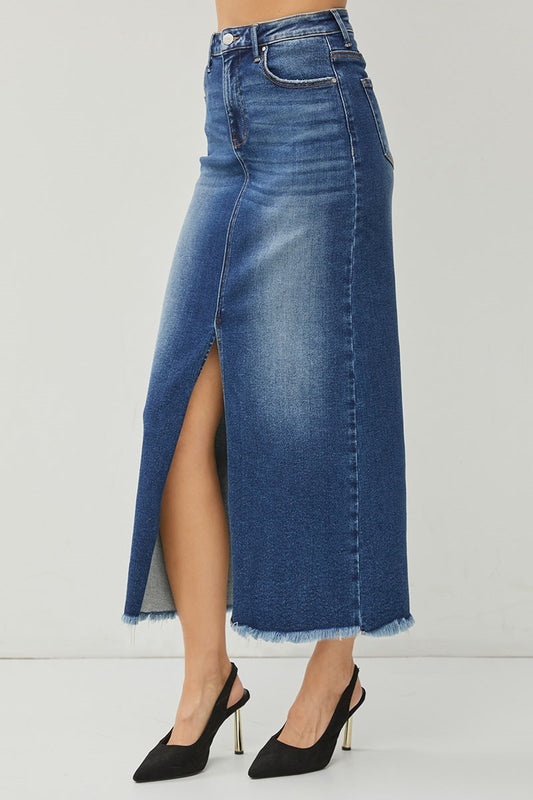 Risen High Rise Denim Maxi Skirt