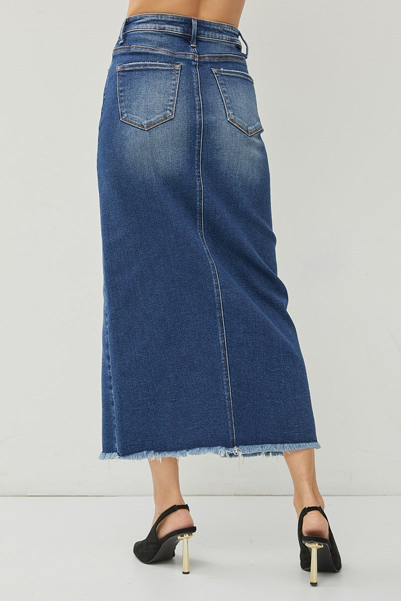 Risen High Rise Denim Maxi Skirt
