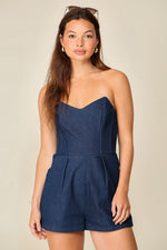 Load image into Gallery viewer, Let The Liquor Talk Denim Bustier Romper
