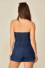 Load image into Gallery viewer, Let The Liquor Talk Denim Bustier Romper
