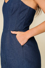 Load image into Gallery viewer, Let The Liquor Talk Denim Bustier Romper
