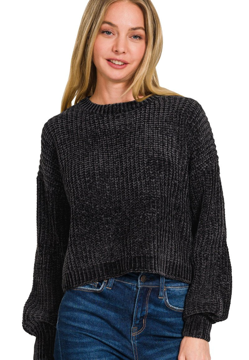 Chenille Round Neck Sweater ~ Black