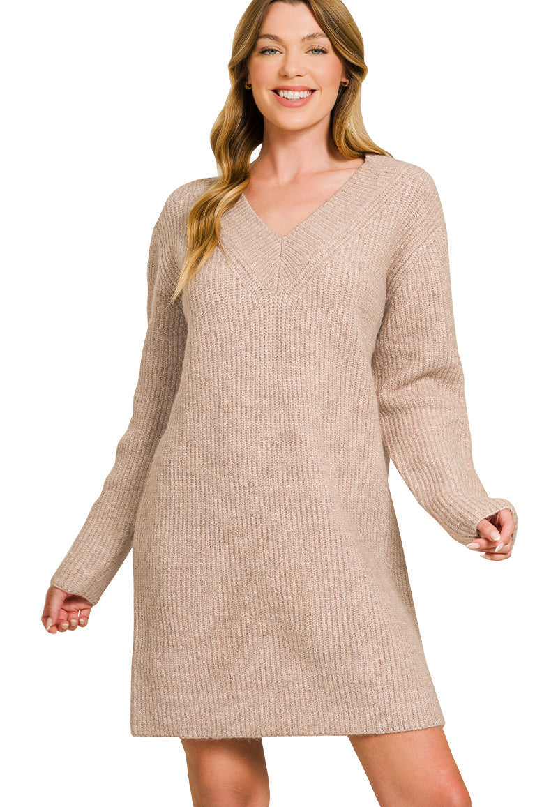 Warm Wishes V-Neck Sweater Dress ~ Ash Mocha