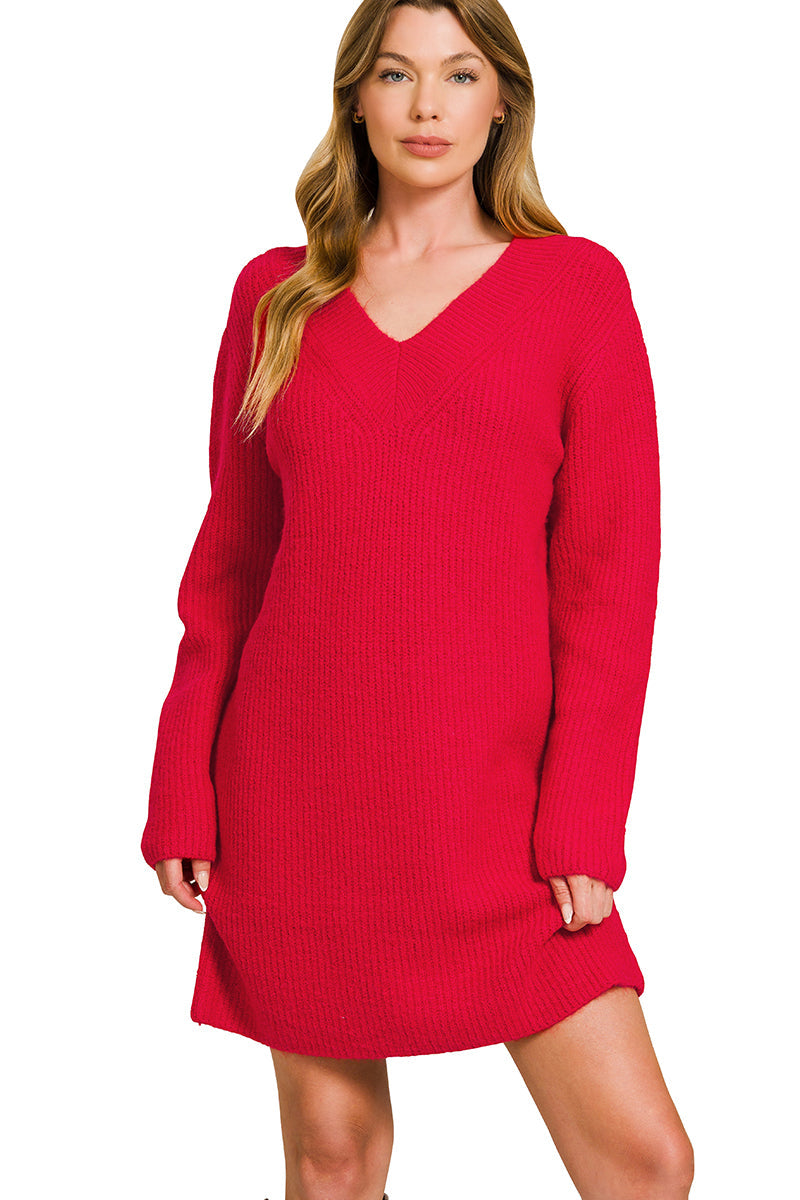 Warm Wishes V-Neck Sweater Dress ~ Ruby