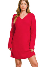 Load image into Gallery viewer, Warm Wishes V-Neck Sweater Dress ~ Ruby
