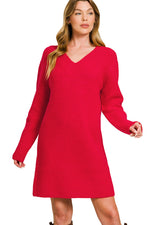 Load image into Gallery viewer, Warm Wishes V-Neck Sweater Dress ~ Ruby
