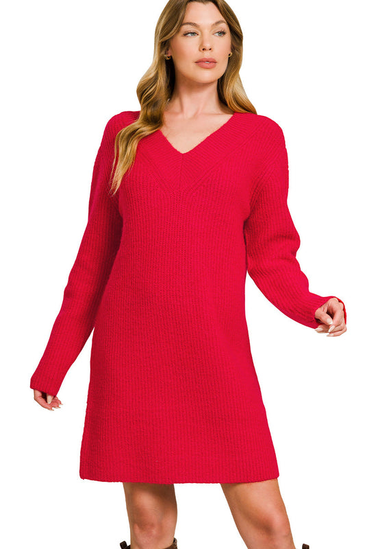 Warm Wishes V-Neck Sweater Dress ~ Ruby
