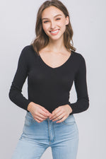 Load image into Gallery viewer, Victoria V Neck Long Sleeve Bodysuit - Black
