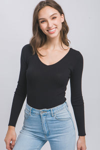 Victoria V Neck Long Sleeve Bodysuit - Black