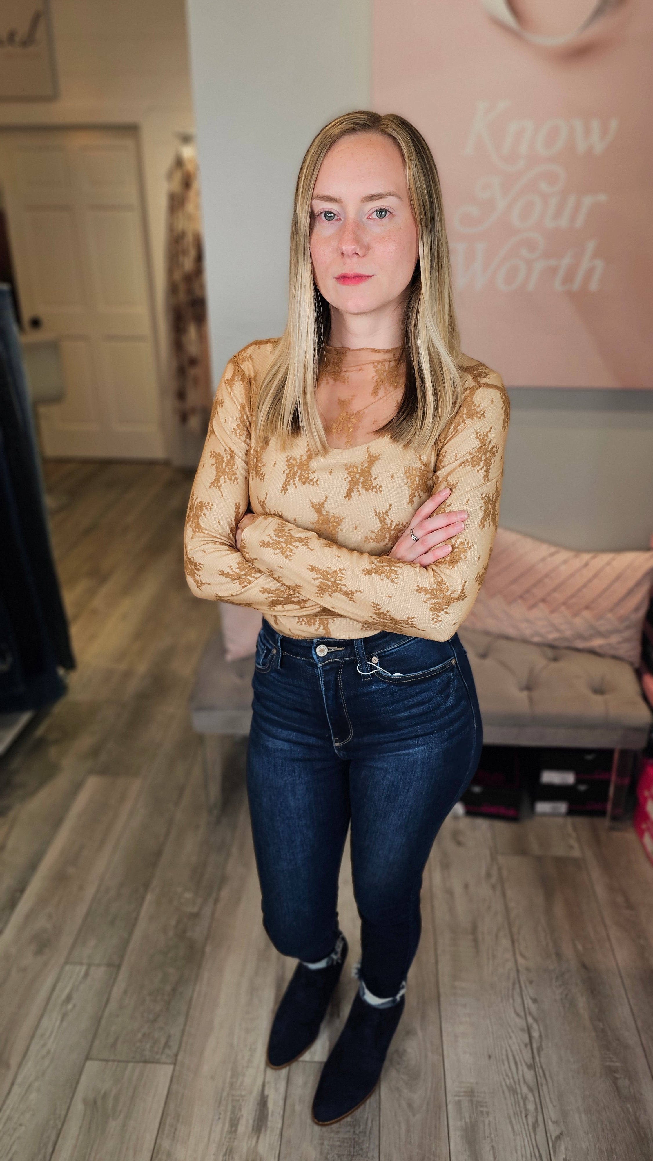 Flirty Lace Mesh Top ~ Camel