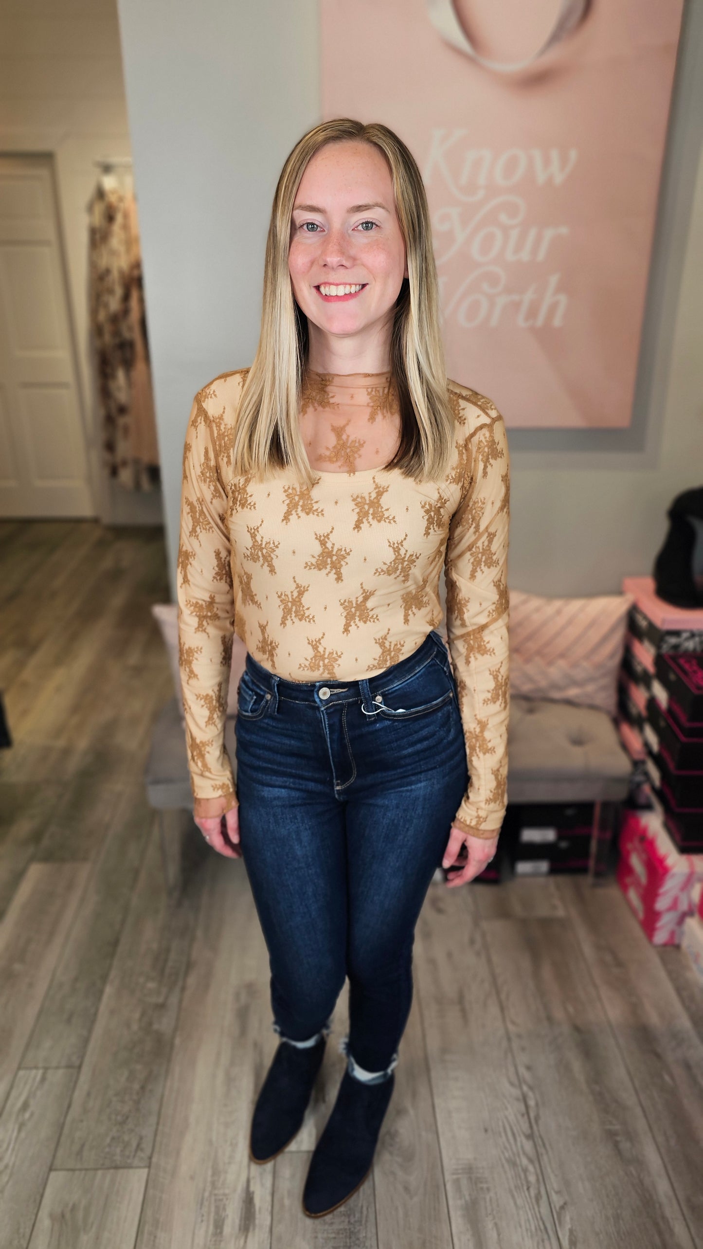 Flirty Lace Mesh Top ~ Camel