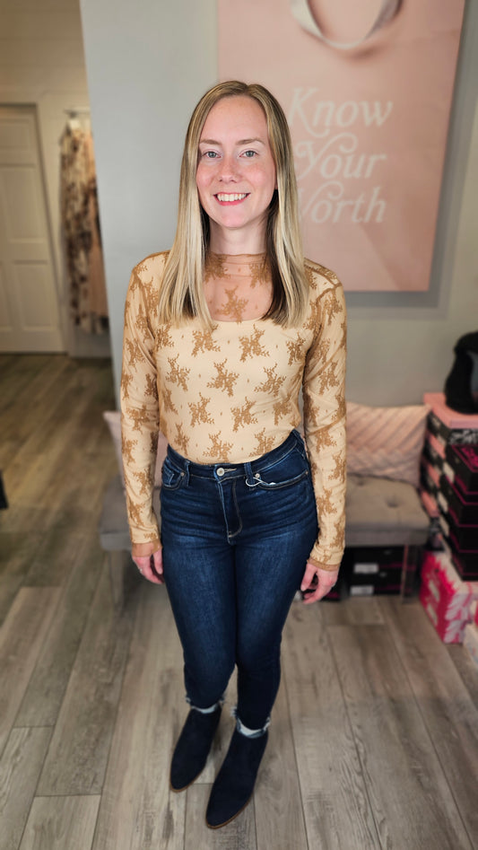 Flirty Lace Mesh Top ~ Camel