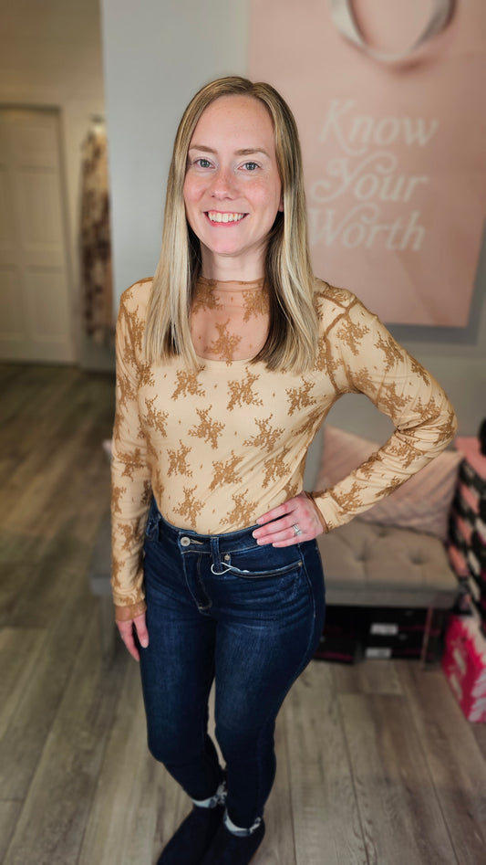 Flirty Lace Mesh Top ~ Camel