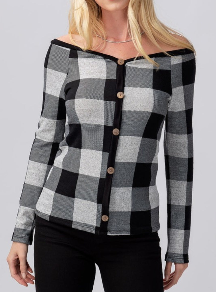 Plaid Off The Shoulder Top - White/Black